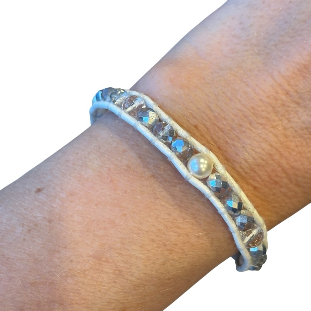 Chan Luu White Silver Beaded Leather Bracelet Labradorite Semi-Precious Stone